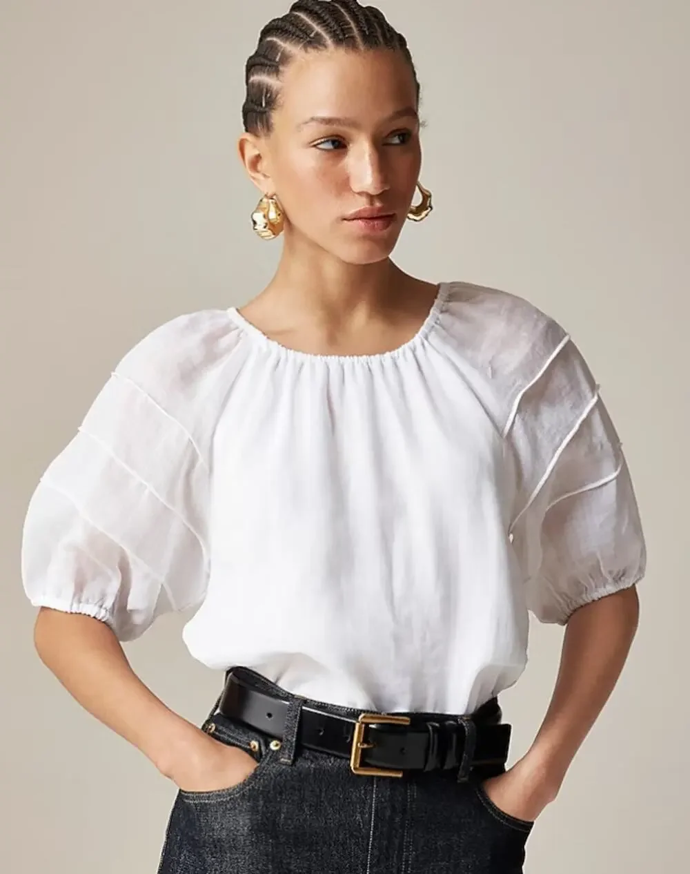 J.Crew Puff-Sleeve Top Sz S White Ramie Pintuck Shoulder Gathered Crew Neckline